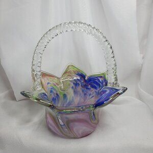 VTG FM Konstglas Ronneby Sweden Art Glass Basket Tulip Floral Blue Pink Purple